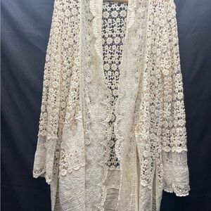 Cupio Ivory Lace Open Cardigan Side Slits Pockets Women’s LG COTTAGECORE BOHO